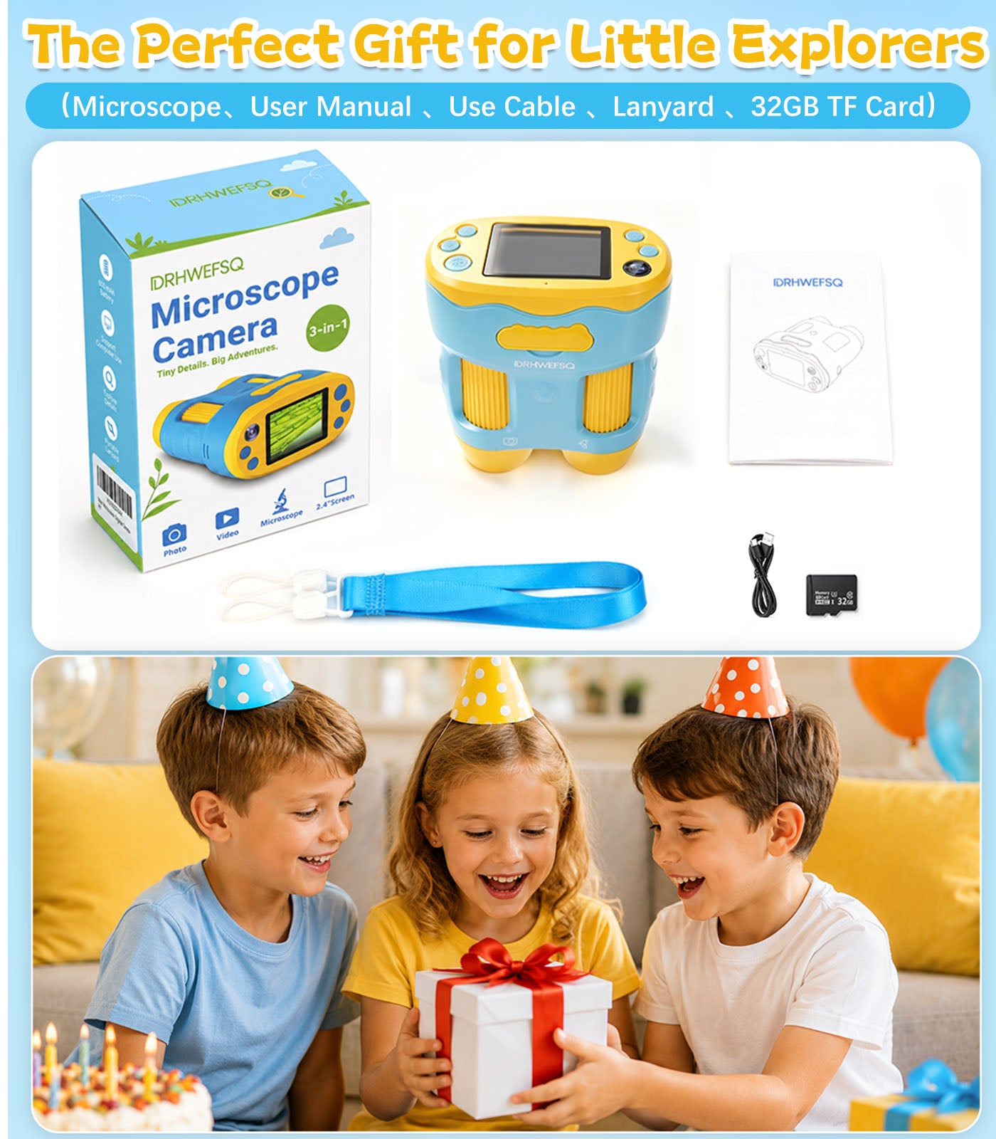 DRHWEFSQ 1000X Handheld Microscope for Kids with 2.4" Screen, 3-in-1 Digital Microscope with Selfie Camera, Pocket Kid Magnifying Glass, STEM Science Kit Gift for Boys & Girls Ages 4-12 with 32GB Card