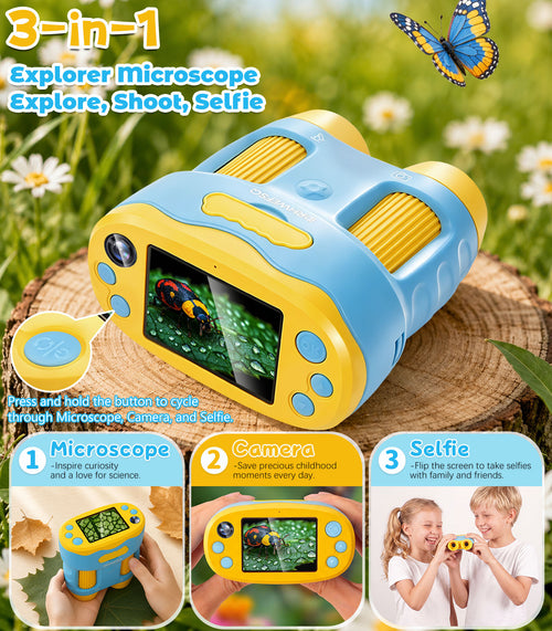 DRHWEFSQ 1000X Handheld Microscope for Kids with 2.4" Screen, 3-in-1 Digital Microscope with Selfie Camera, Pocket Kid Magnifying Glass, STEM Science Kit Gift for Boys & Girls Ages 4-12 with 32GB Card