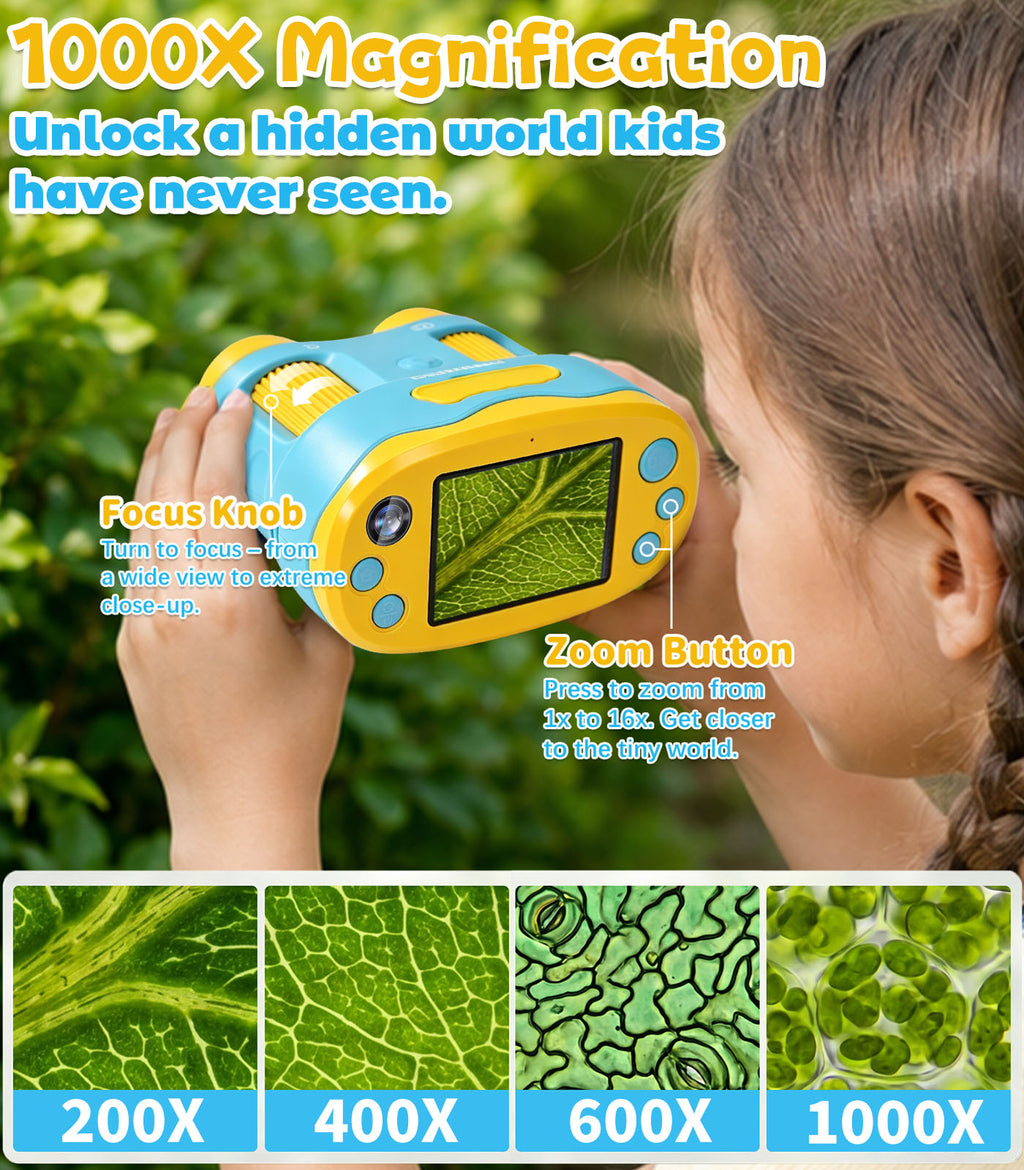 DRHWEFSQ 1000X Handheld Microscope for Kids with 2.4" Screen, 3-in-1 Digital Microscope with Selfie Camera, Pocket Kid Magnifying Glass, STEM Science Kit Gift for Boys & Girls Ages 4-12 with 32GB Card