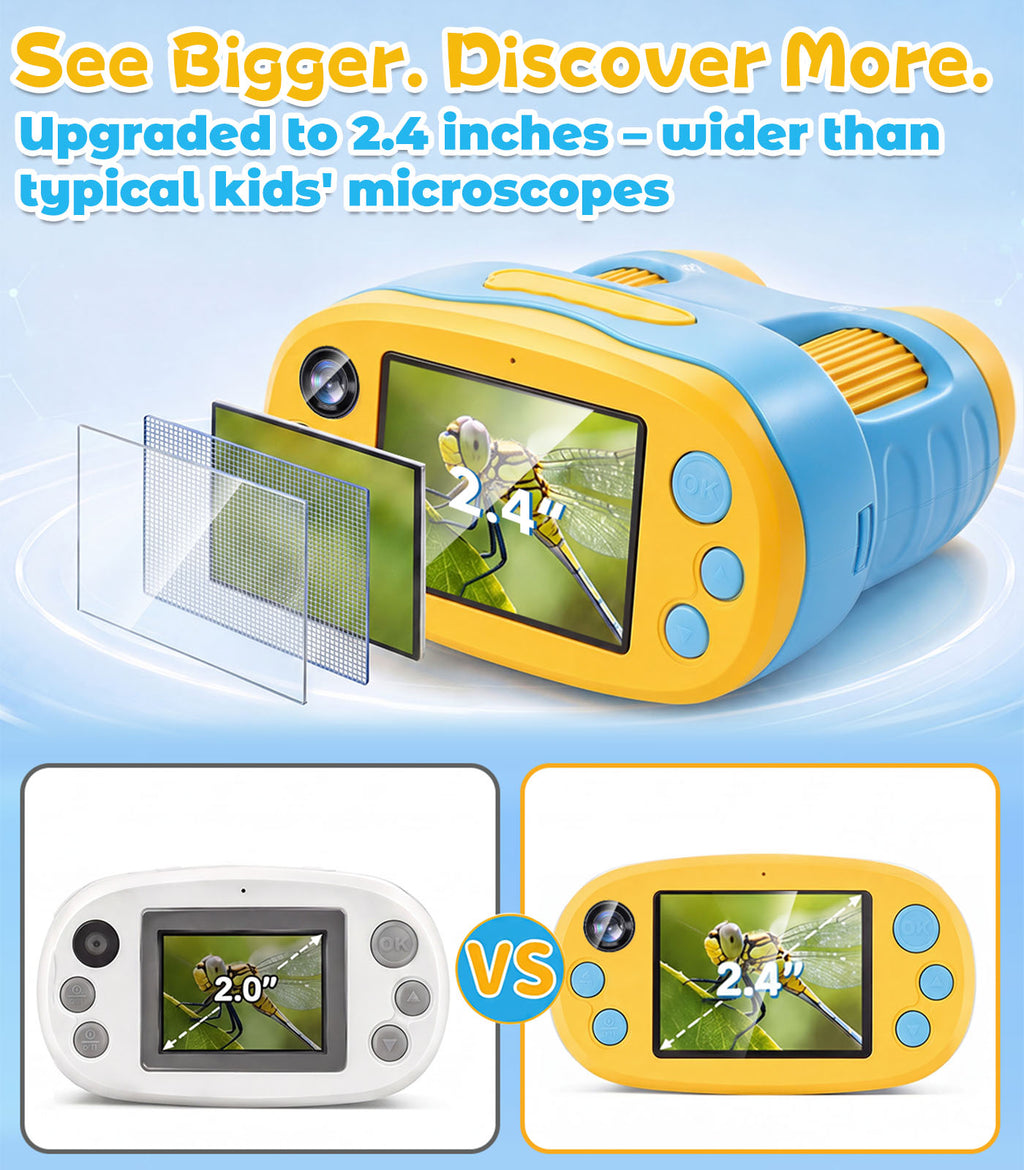 DRHWEFSQ 1000X Handheld Microscope for Kids with 2.4" Screen, 3-in-1 Digital Microscope with Selfie Camera, Pocket Kid Magnifying Glass, STEM Science Kit Gift for Boys & Girls Ages 4-12 with 32GB Card