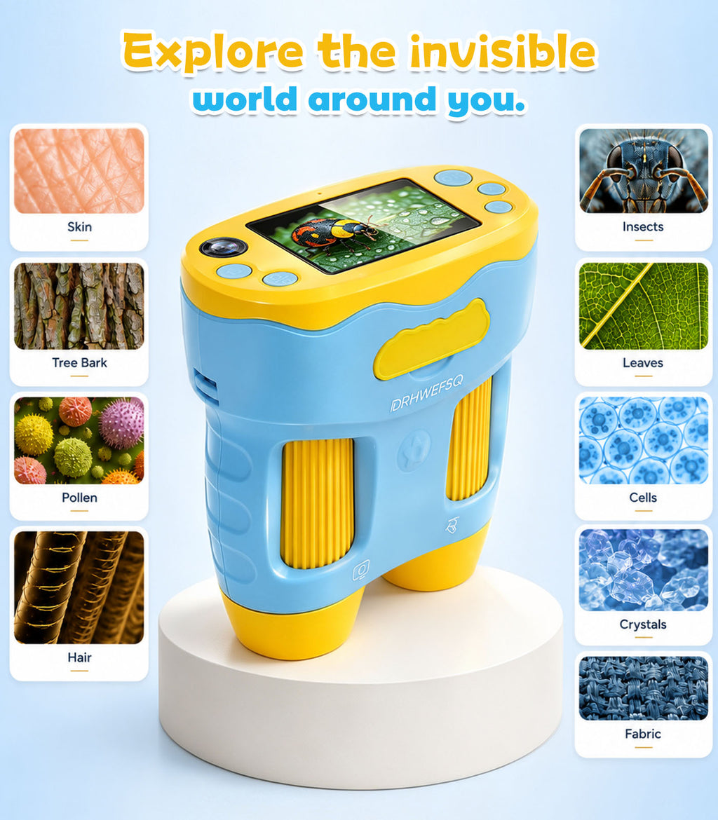 DRHWEFSQ 1000X Handheld Microscope for Kids with 2.4" Screen, 3-in-1 Digital Microscope with Selfie Camera, Pocket Kid Magnifying Glass, STEM Science Kit Gift for Boys & Girls Ages 4-12 with 32GB Card