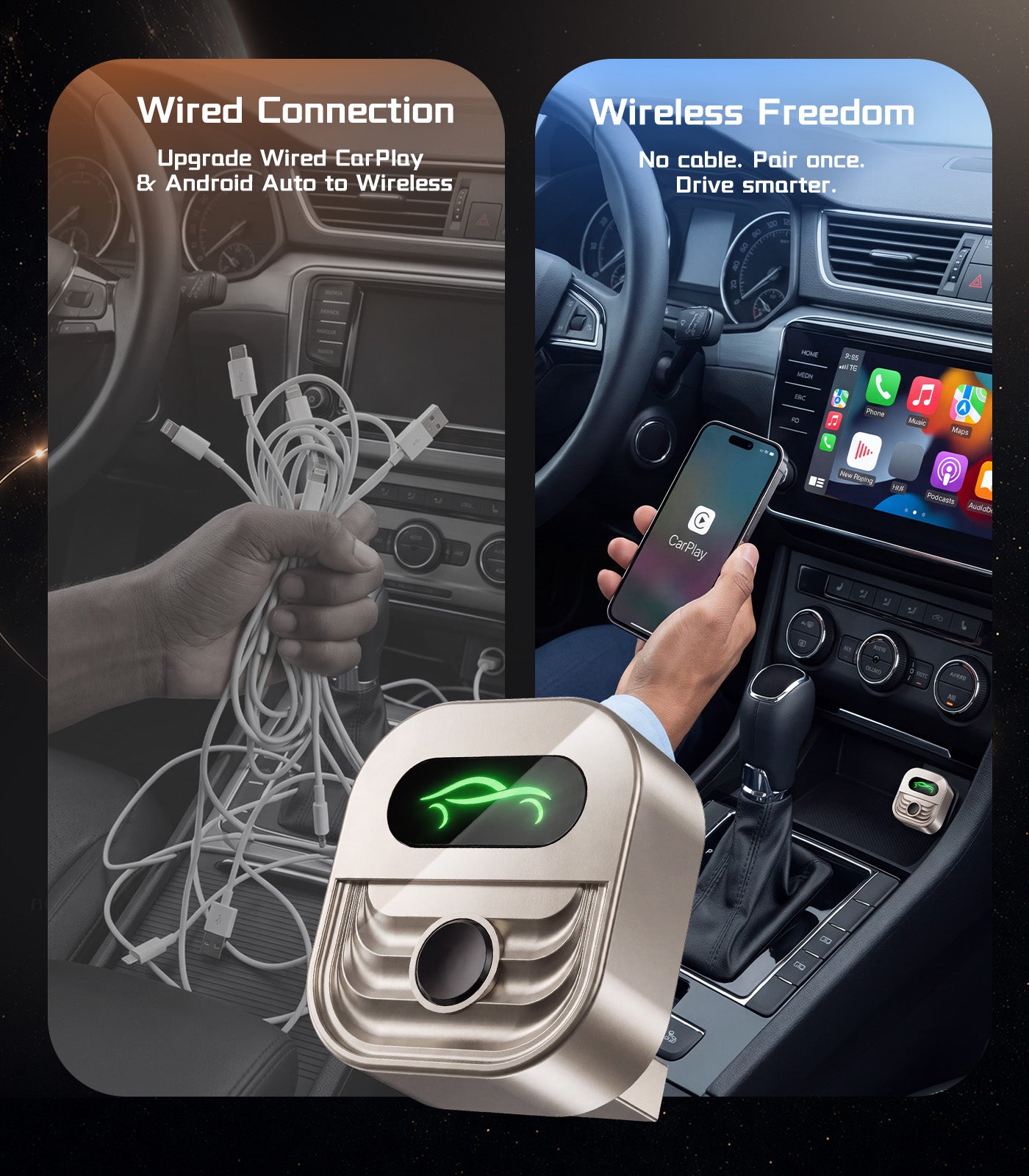2026 Wireless CarPlay Adapter for iPhone & Android Auto with One-Click Switch, Fast Auto-Connect Bluetooth Car Play Adapter Plug & Play Apple Car Play Dongle Fits 1000+ Vehicles with USB A/C