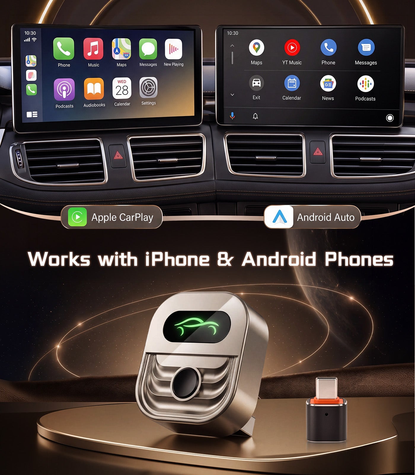 2026 Wireless CarPlay Adapter for iPhone & Android Auto with One-Click Switch, Fast Auto-Connect Bluetooth Car Play Adapter Plug & Play Apple Car Play Dongle Fits 1000+ Vehicles with USB A/C
